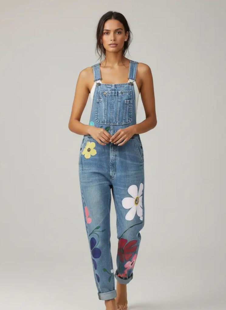 Woman wearing denim overalls with floral designs on a plain background