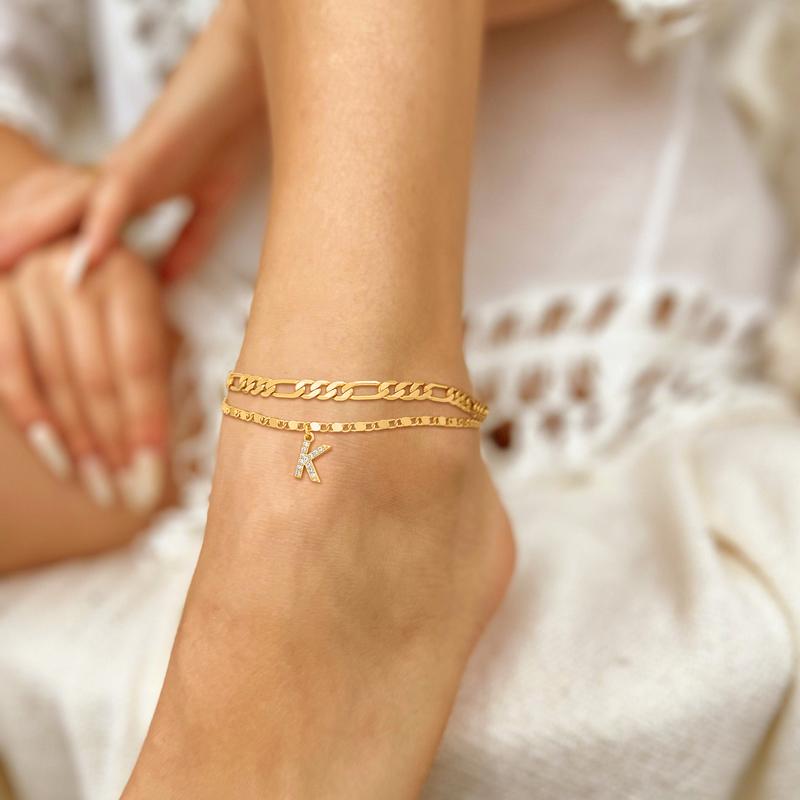 2pc Diamond Initial Chain Anklet Set