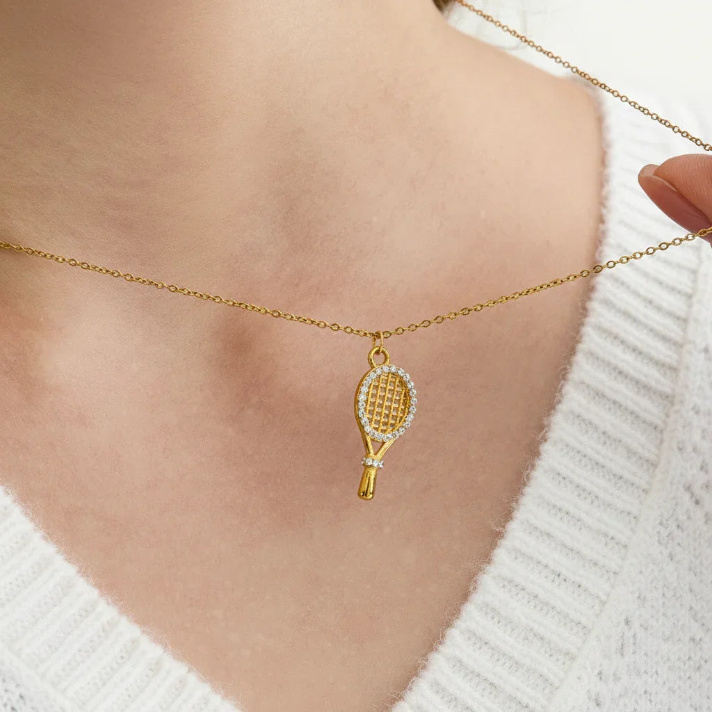Gold Tennis Racket Pendant Necklace
