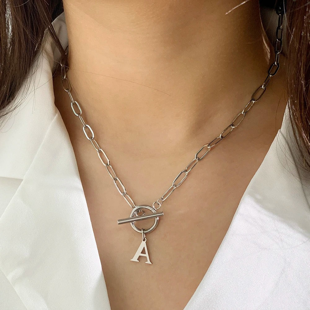 Paperclip Initial Circle Lock Clasp Necklace