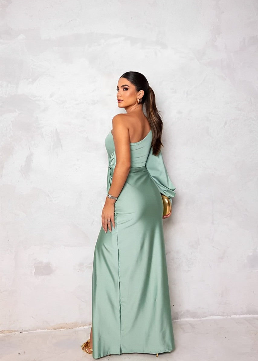 Asymmetric One Shoulder Satin Maxi Dress