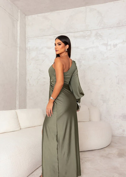 Asymmetric One Shoulder Satin Maxi Dress
