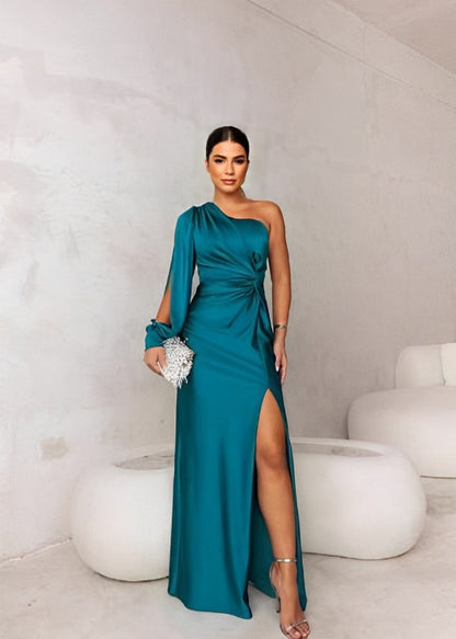 Asymmetric One Shoulder Satin Maxi Dress