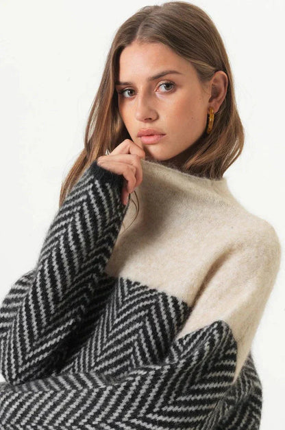 Herringbone Stand Collar Knit Sweater