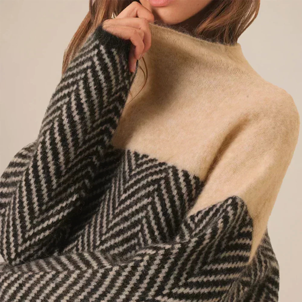 Herringbone Stand Collar Knit Sweater