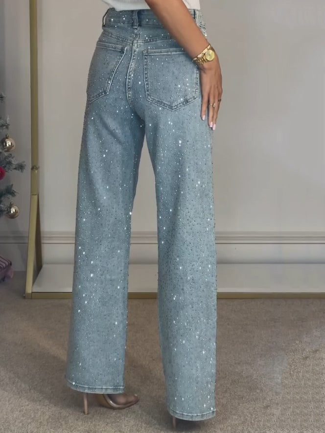 High Rise Rhinestone Straight Leg Jeans