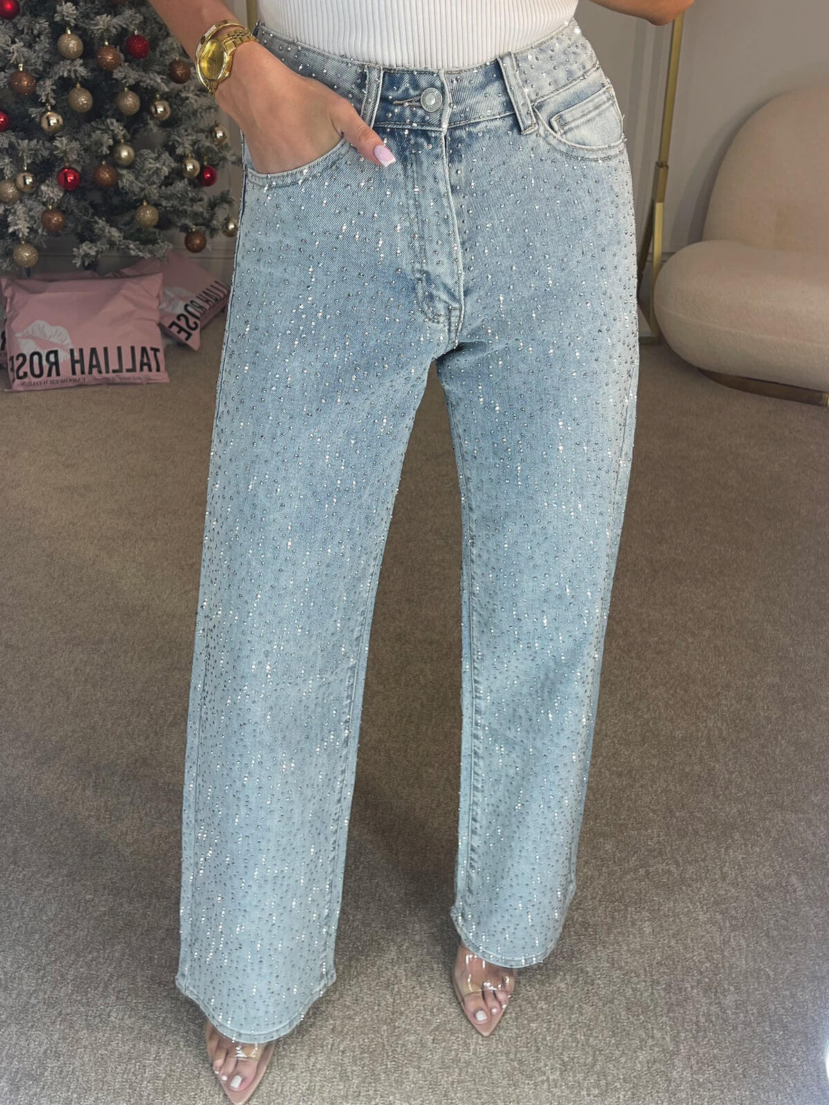 High Rise Rhinestone Straight Leg Jeans
