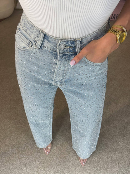High Rise Rhinestone Straight Leg Jeans