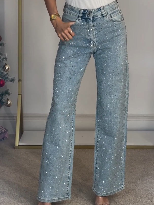 High Rise Rhinestone Straight Leg Jeans