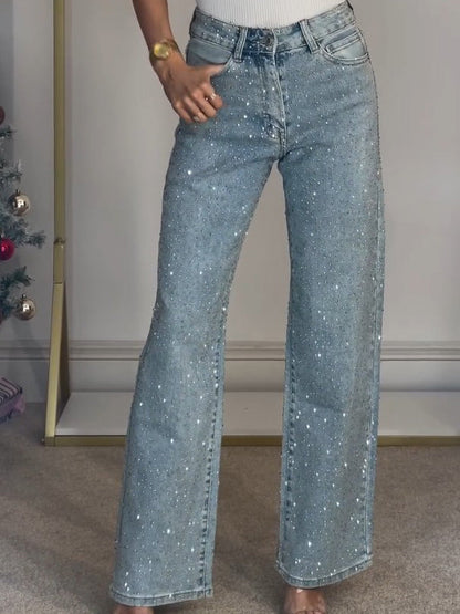 High Rise Rhinestone Straight Leg Jeans