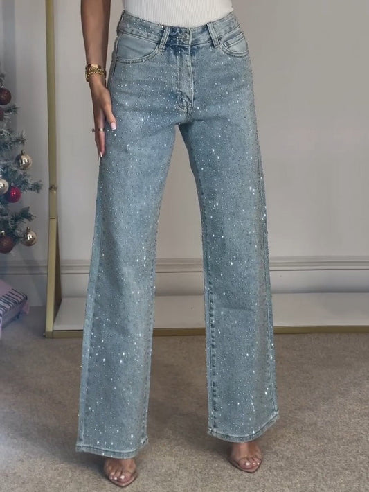 High Rise Rhinestone Straight Leg Jeans