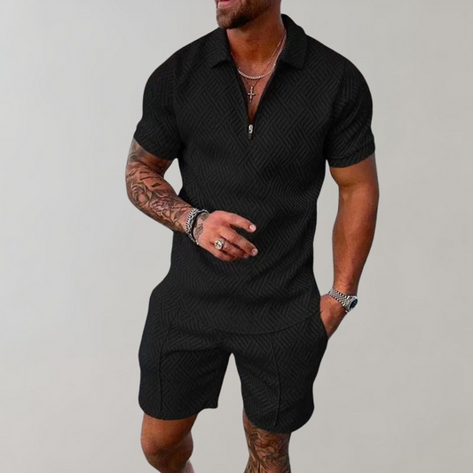 Men's Textured Zip Polo Shorts Set