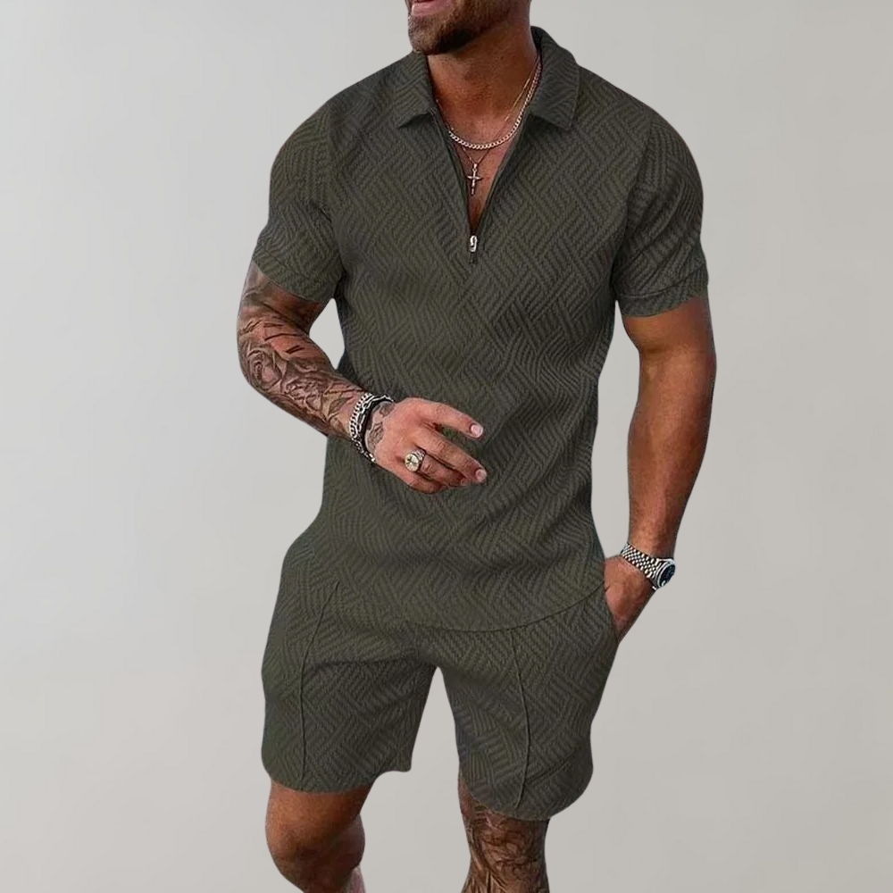 Men's Textured Zip Polo Shorts Set