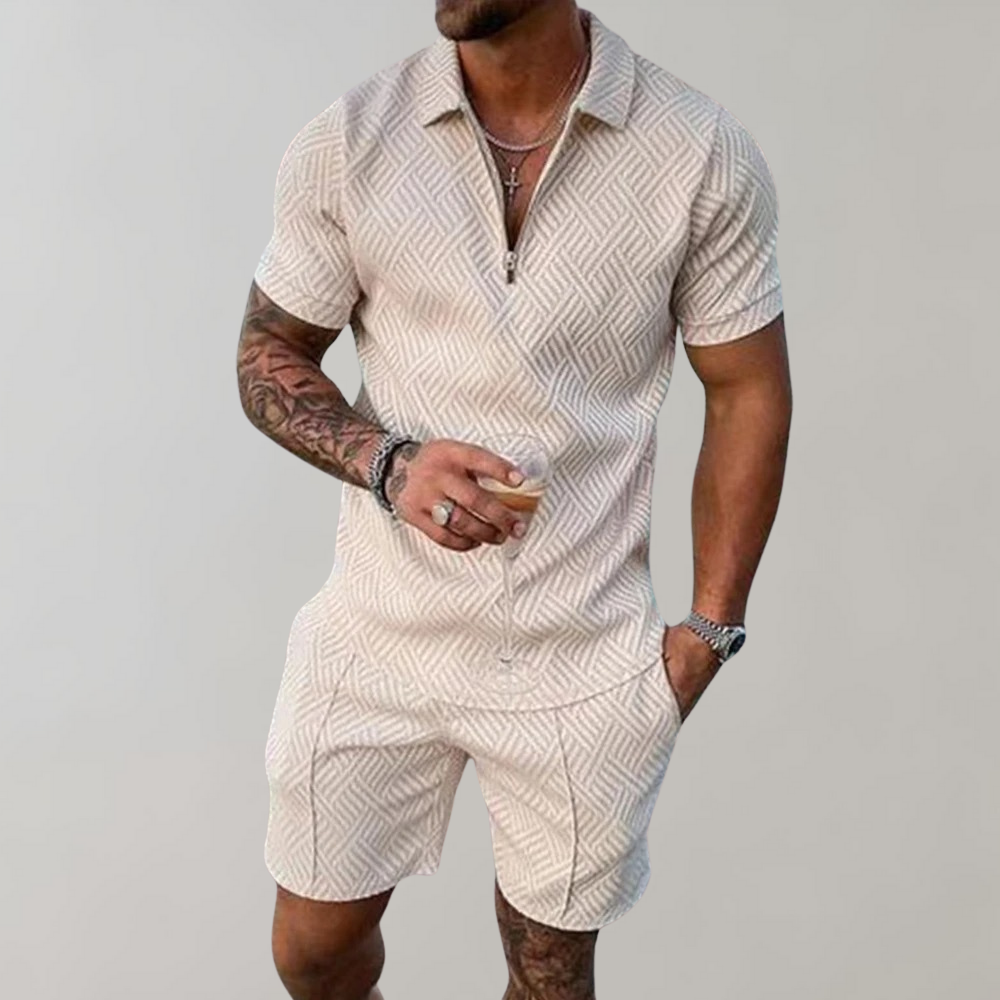 Men's Textured Zip Polo Shorts Set