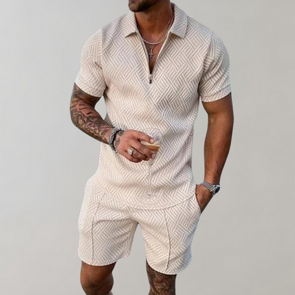 Men's Textured Zip Polo Shorts Set