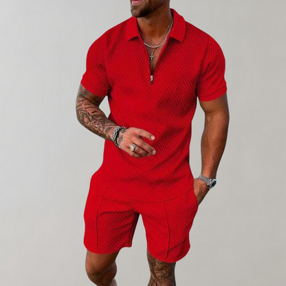 Men's Textured Zip Polo Shorts Set
