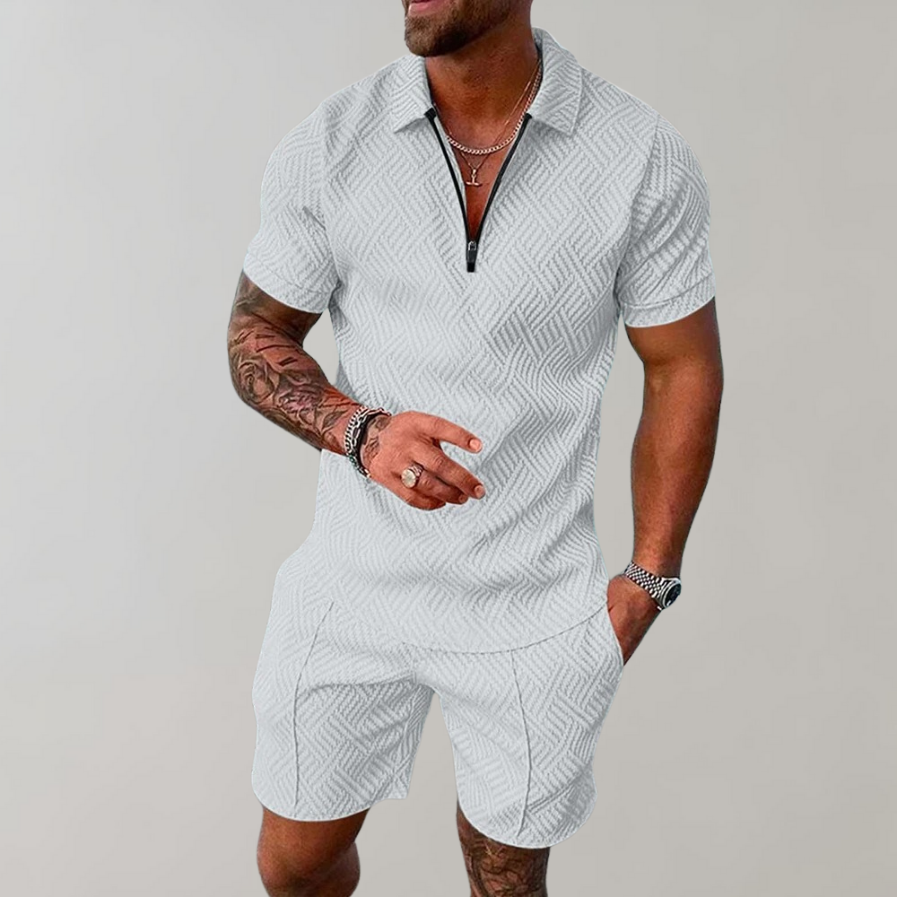Men's Textured Zip Polo Shorts Set