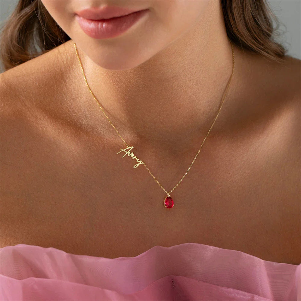 Custom Name & Teardrop Birthstone Necklace