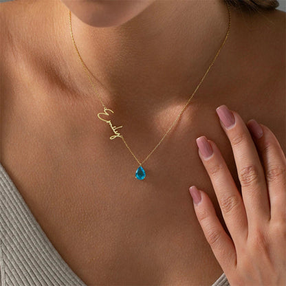 Custom Name & Teardrop Birthstone Necklace