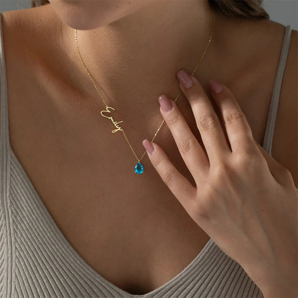 Custom Name & Teardrop Birthstone Necklace