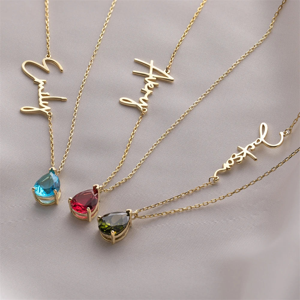 Custom Name & Teardrop Birthstone Necklace