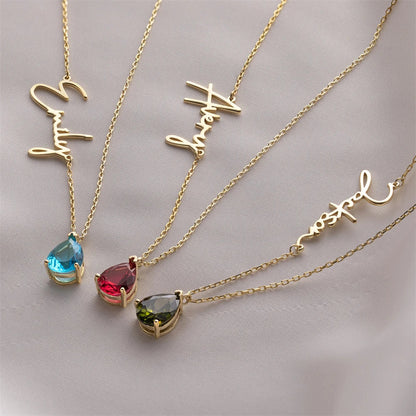 Custom Name & Teardrop Birthstone Necklace