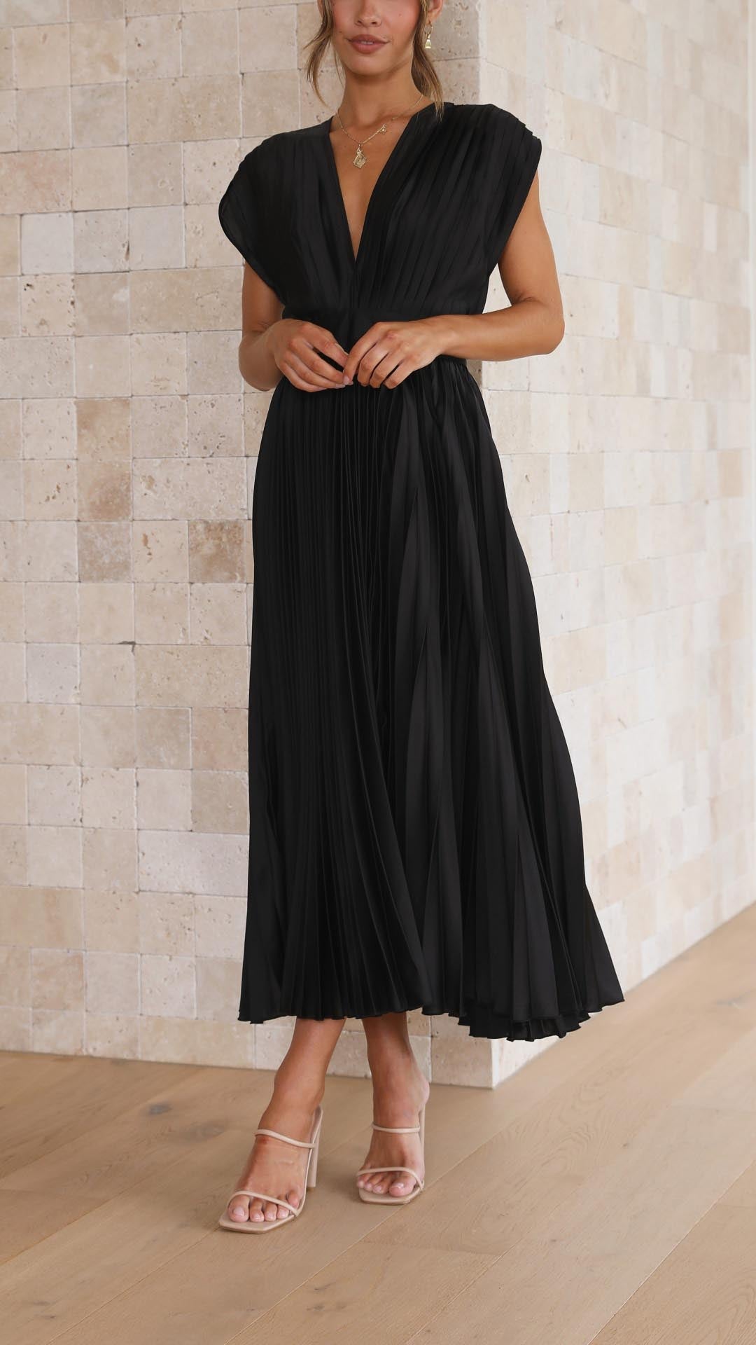 Silk Pleated High Waist Maxi Dress
