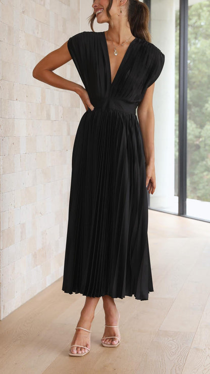 Silk Pleated High Waist Maxi Dress