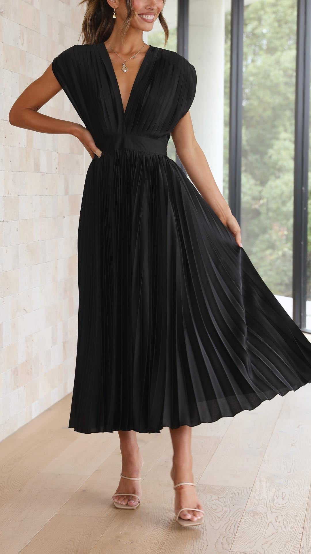 Silk Pleated High Waist Maxi Dress