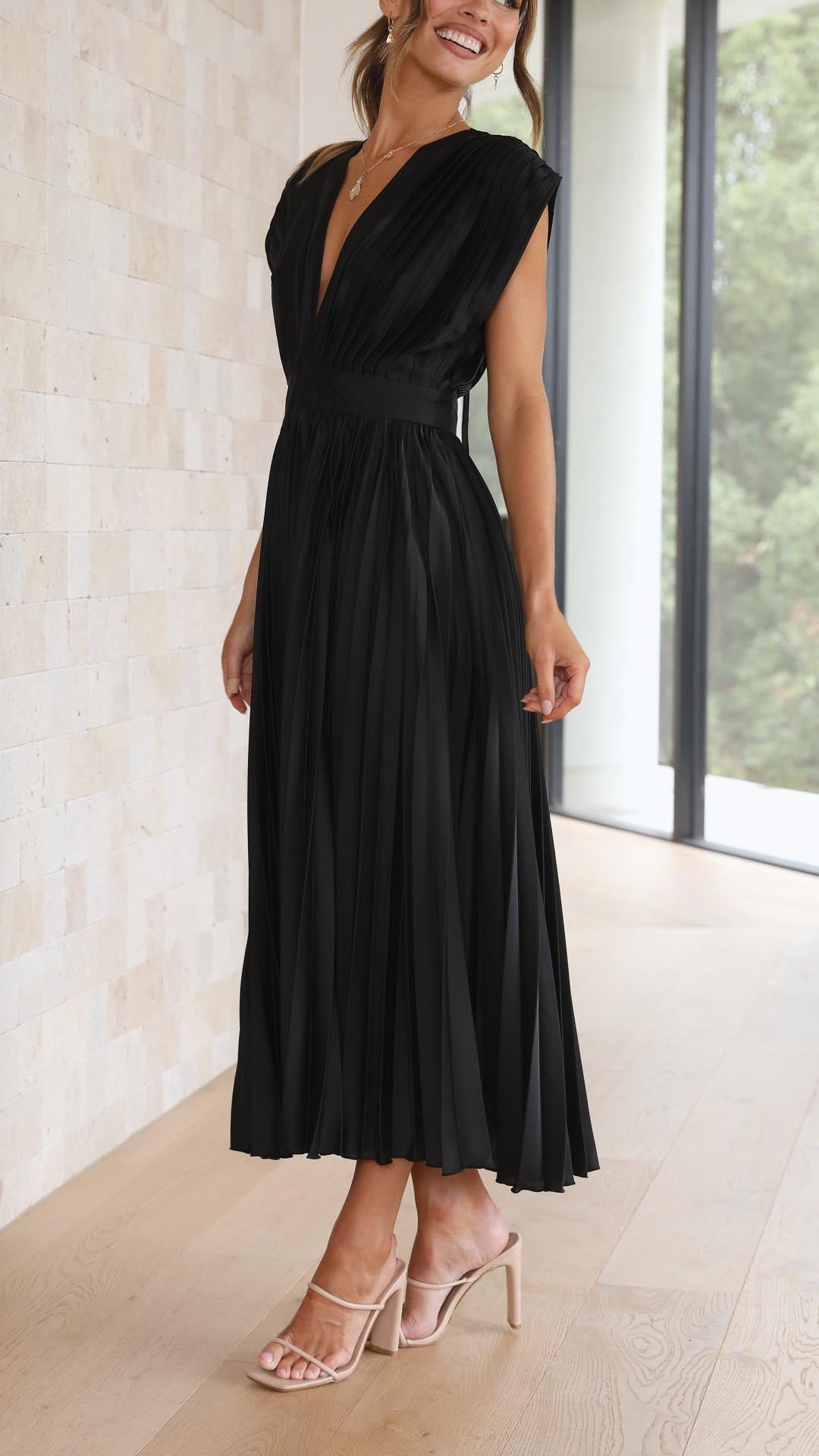 Silk Pleated High Waist Maxi Dress