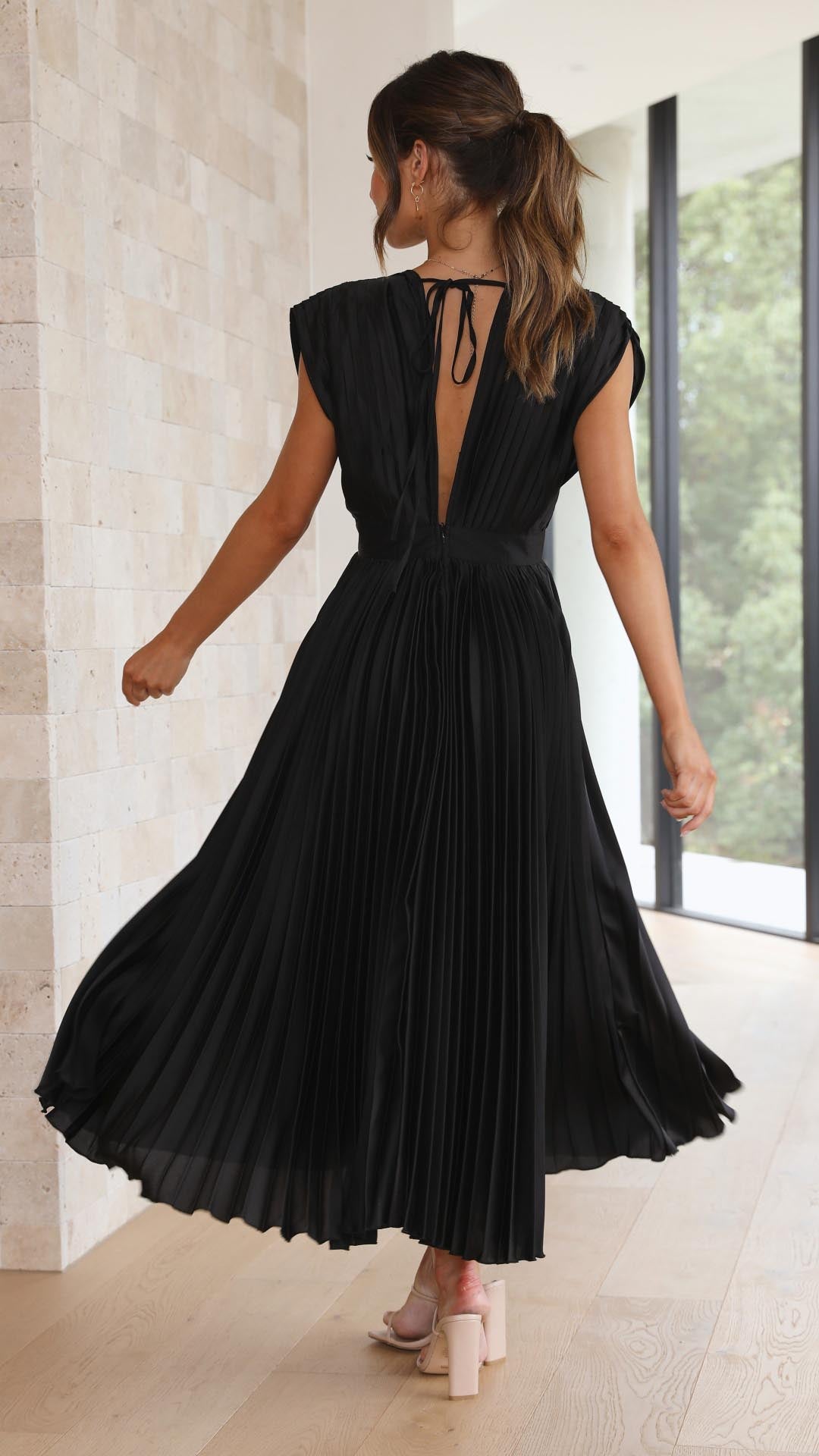 Silk Pleated High Waist Maxi Dress