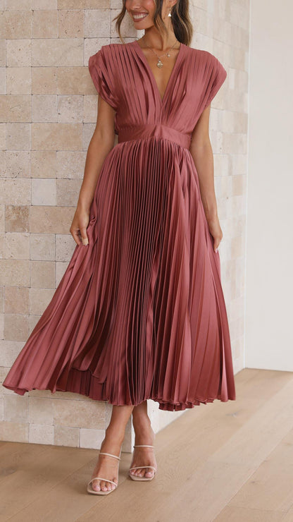 Silk Pleated High Waist Maxi Dress