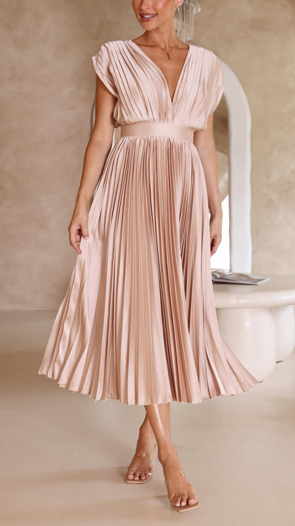 Silk Pleated High Waist Maxi Dress