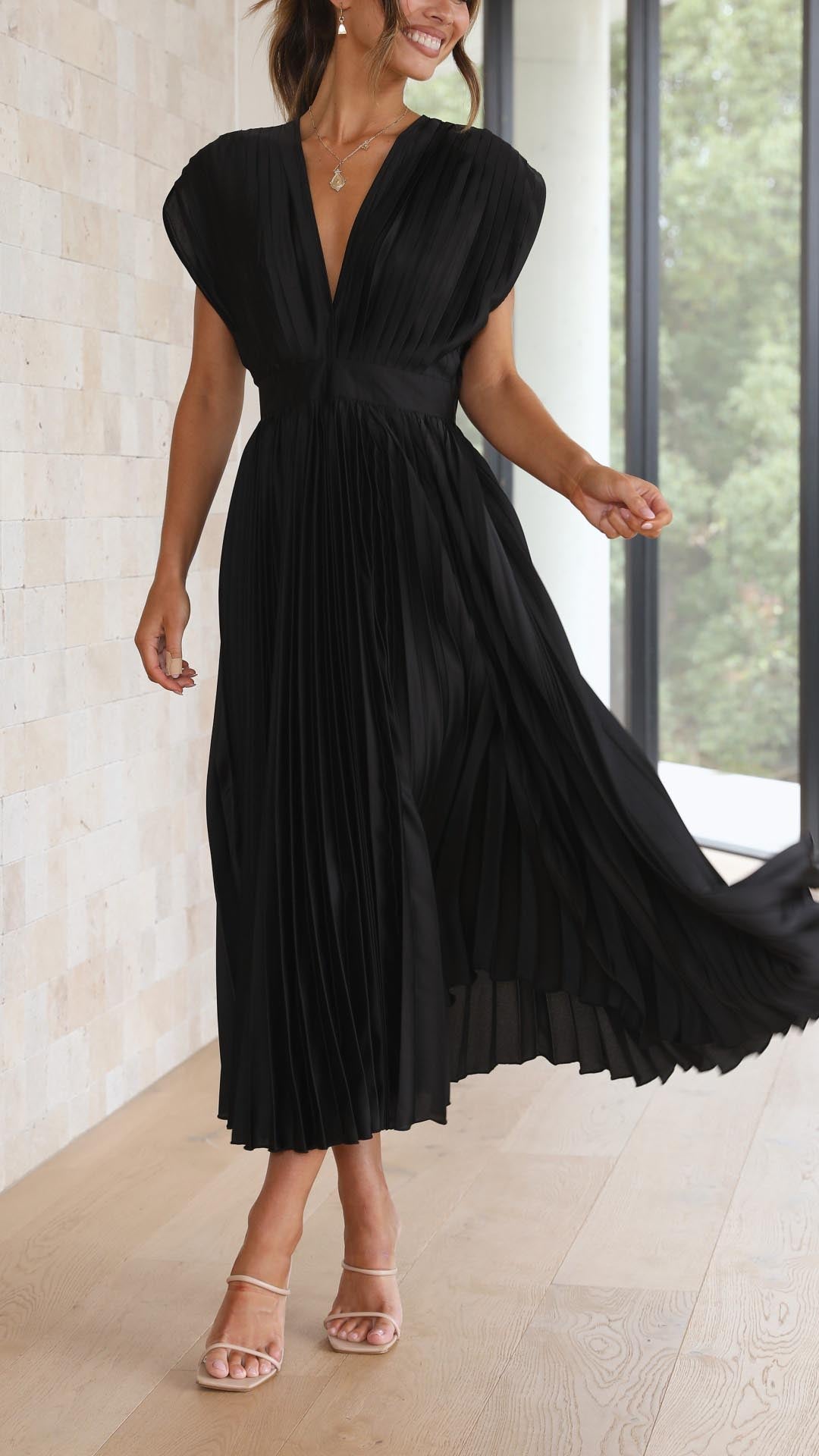 Silk Pleated High Waist Maxi Dress