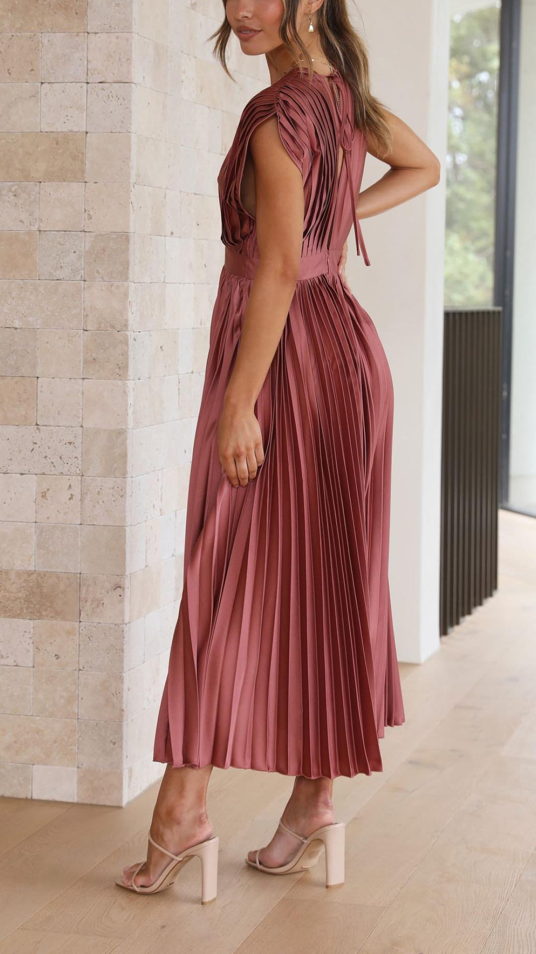 Silk Pleated High Waist Maxi Dress