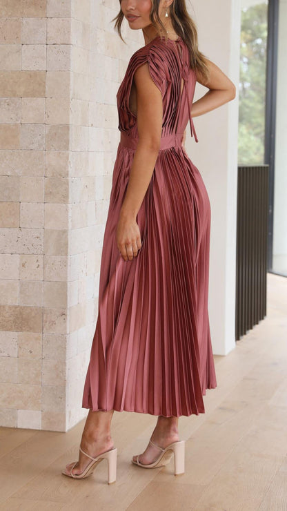 Silk Pleated High Waist Maxi Dress