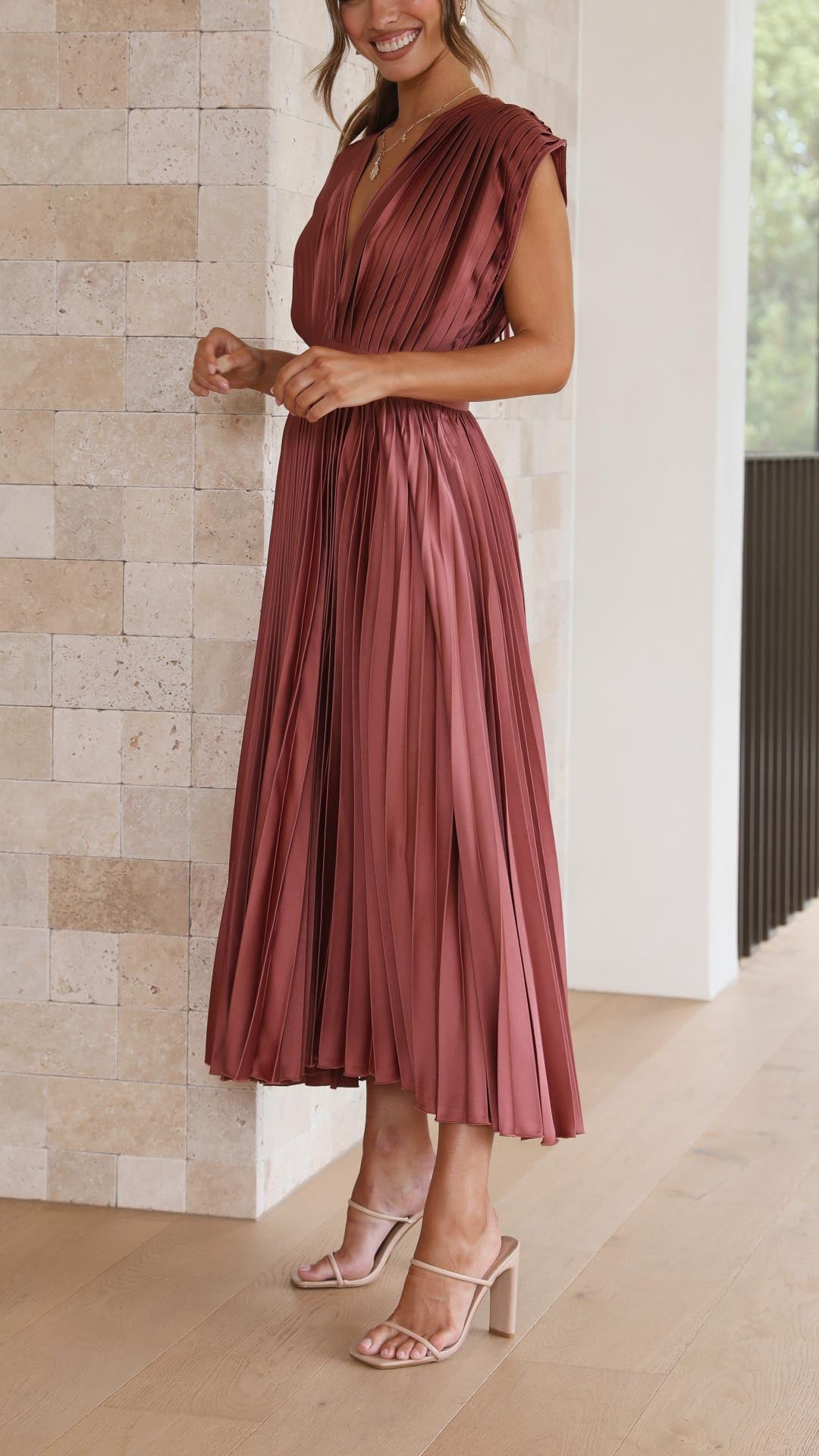 Silk Pleated High Waist Maxi Dress