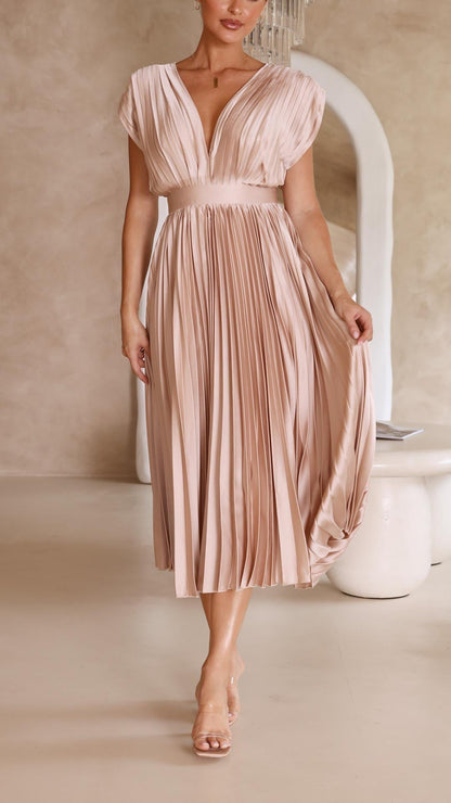 Silk Pleated High Waist Maxi Dress