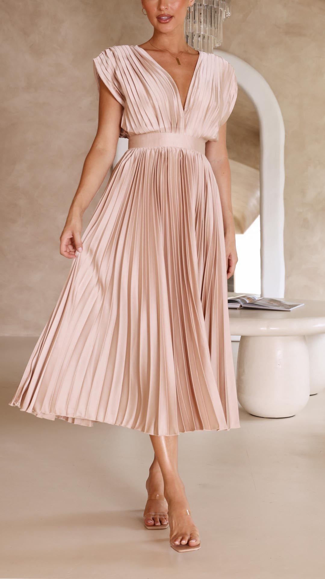 Silk Pleated High Waist Maxi Dress