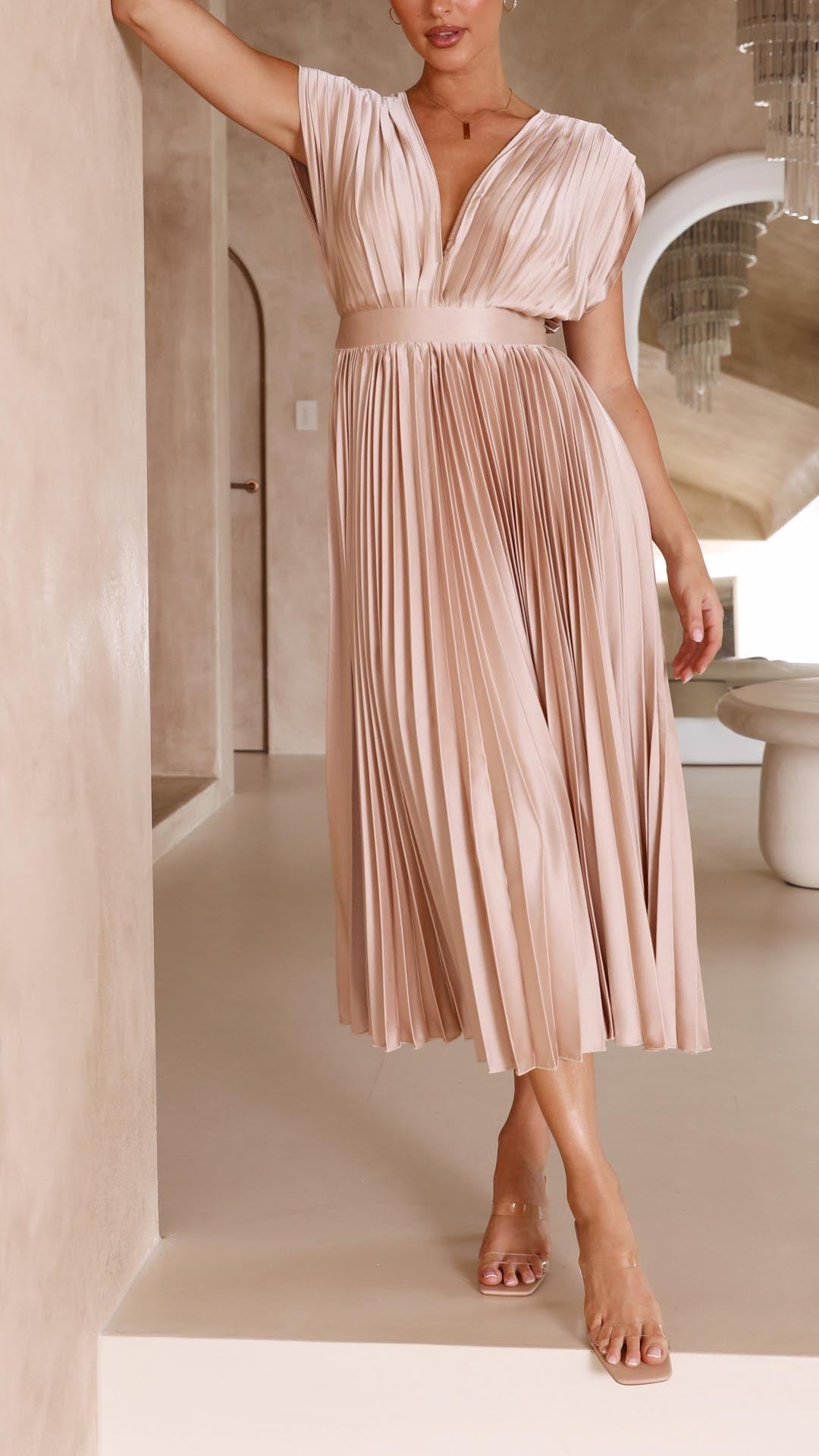 Silk Pleated High Waist Maxi Dress