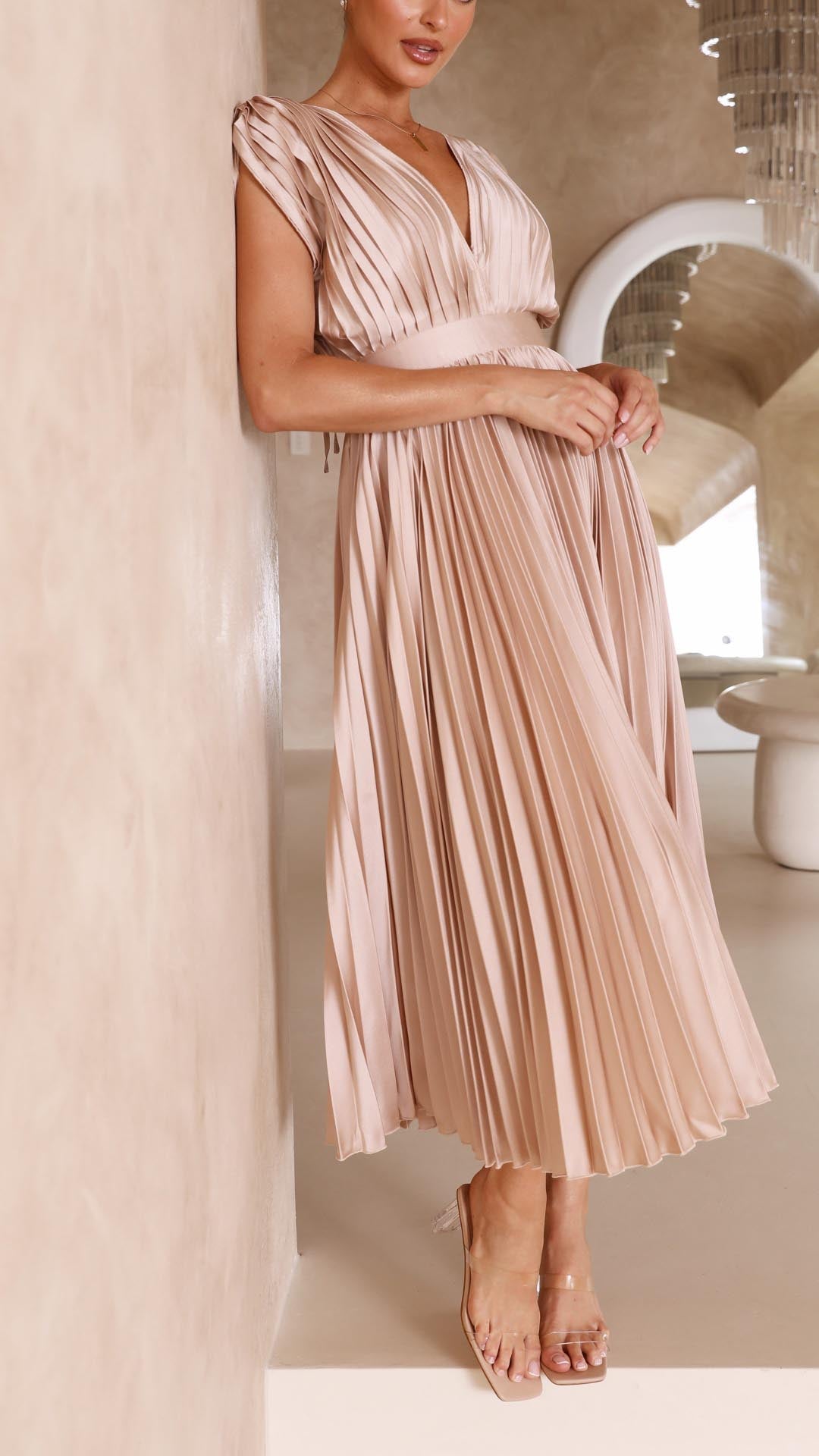 Silk Pleated High Waist Maxi Dress