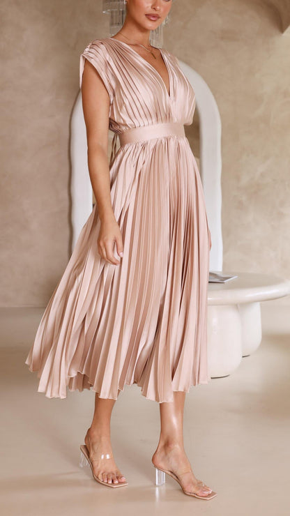 Silk Pleated High Waist Maxi Dress