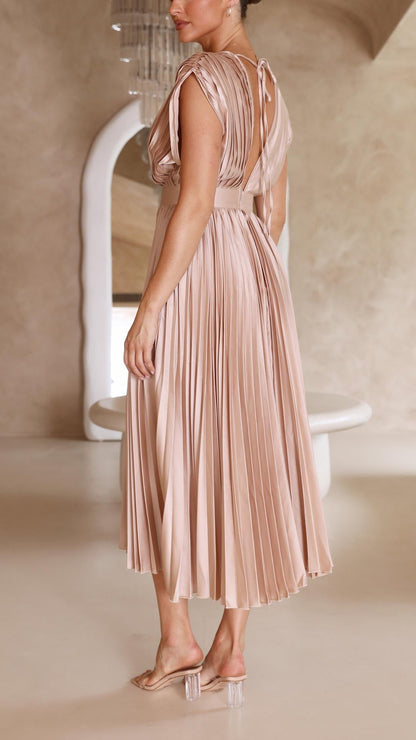 Silk Pleated High Waist Maxi Dress