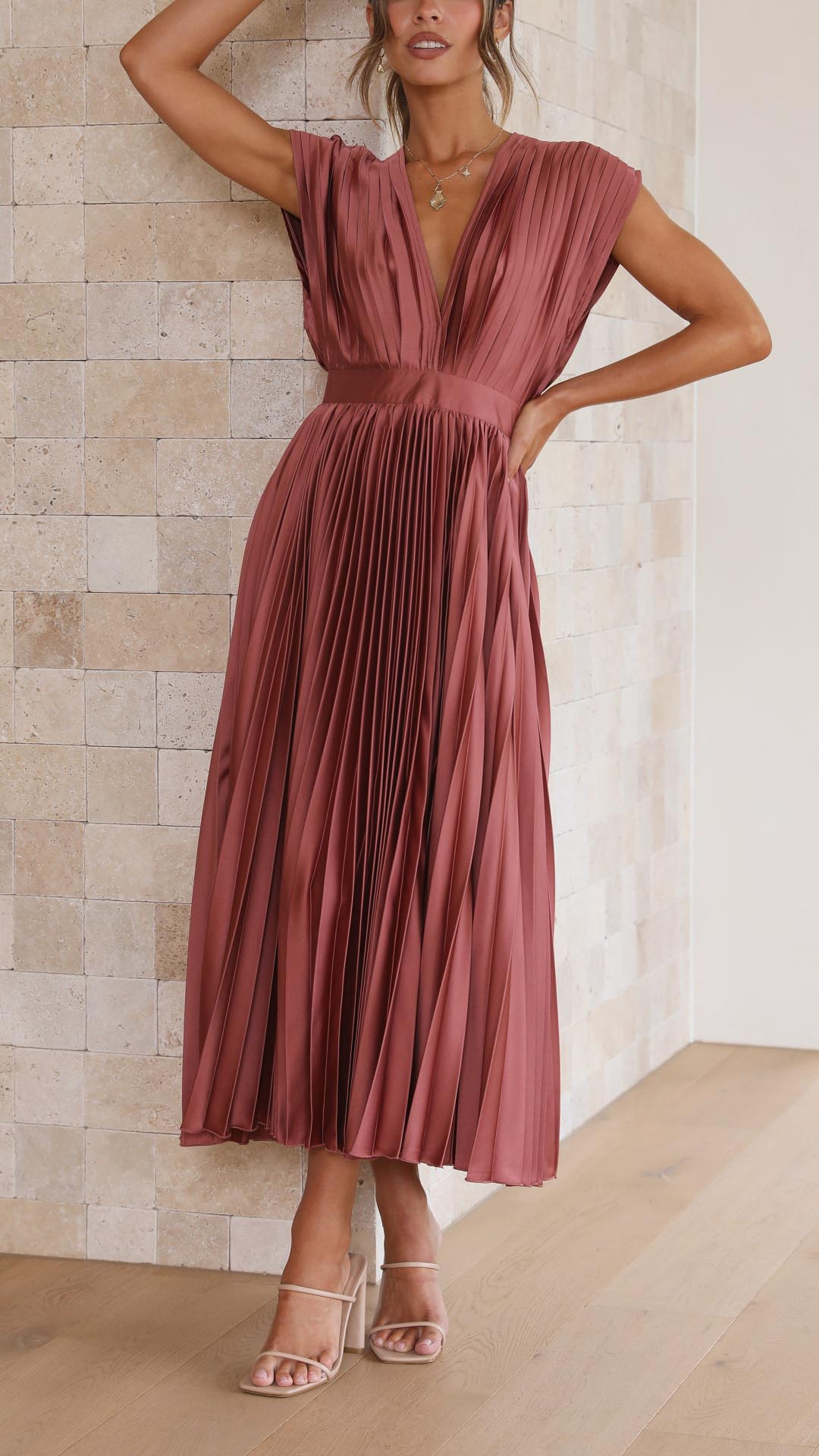 Silk Pleated High Waist Maxi Dress