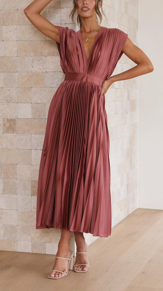 Silk Pleated High Waist Maxi Dress