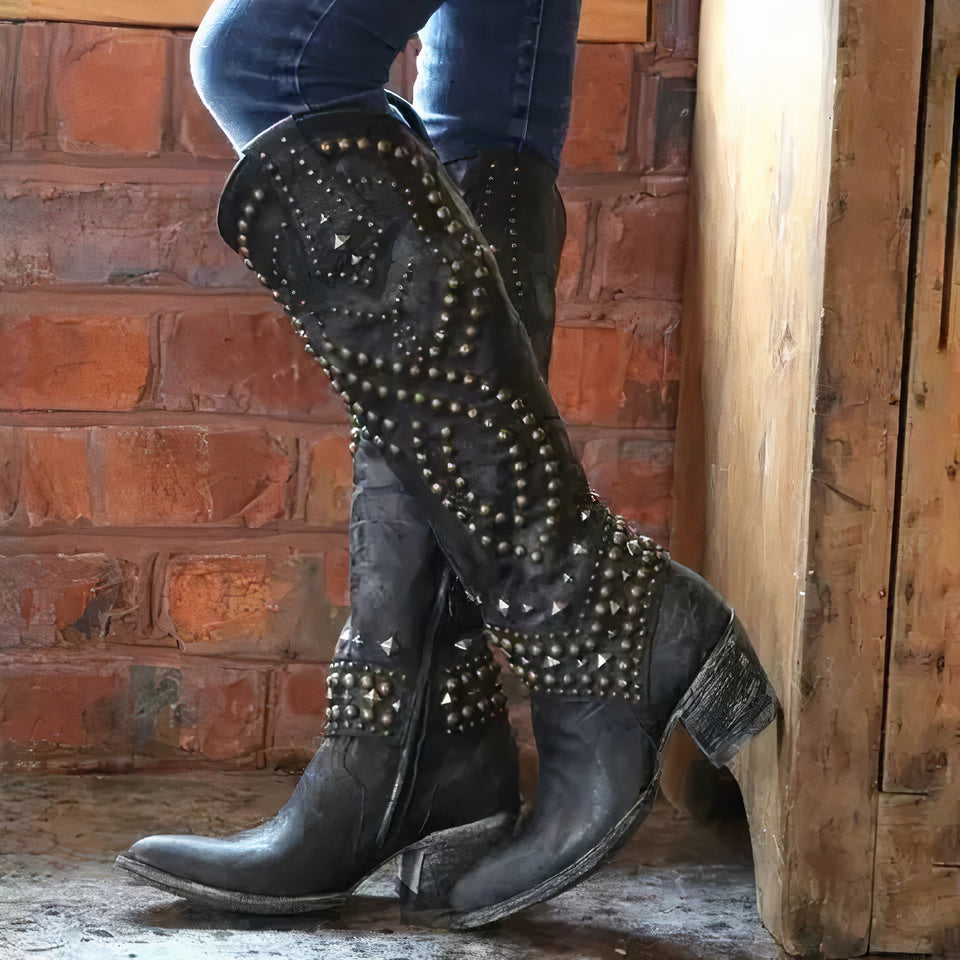 Western Edge Studded Knee-High Boots