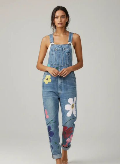 Woman wearing denim overalls with floral designs on a plain background
