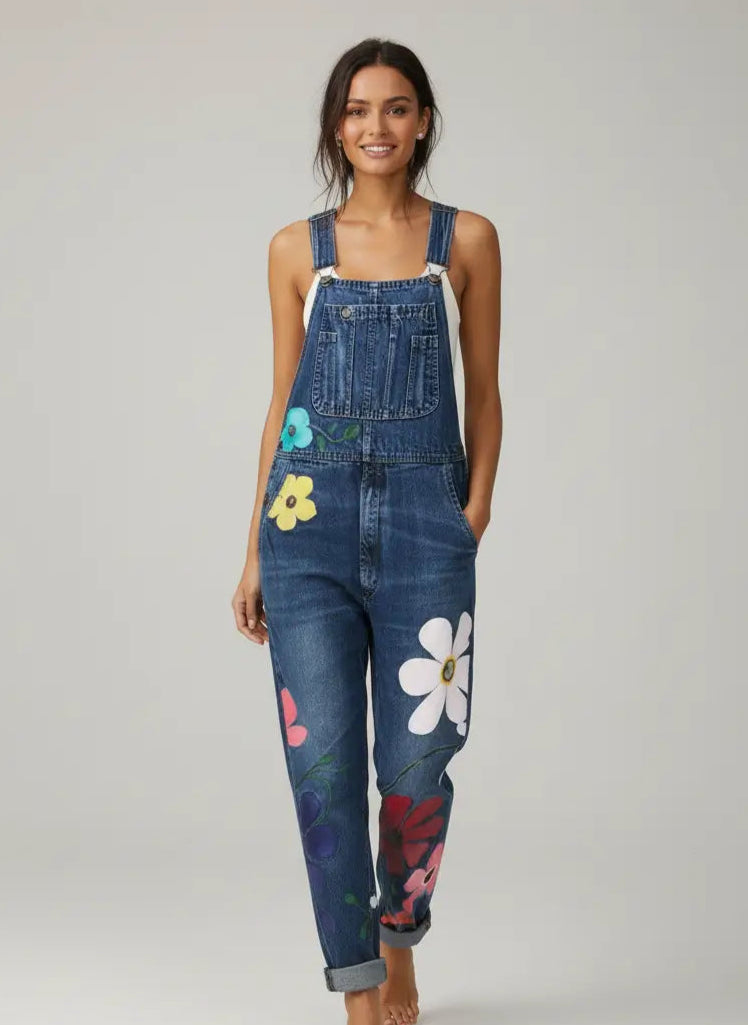 Woman wearing denim overalls with floral designs on a plain background