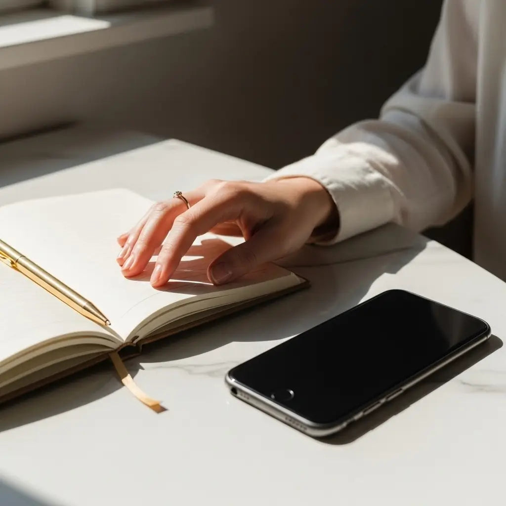 a woman with the hand on a notebook