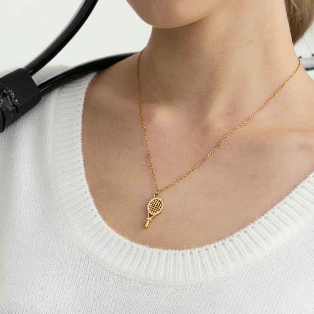 Gold Tennis Racket Pendant Necklace